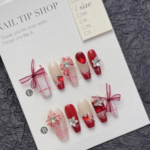 Handmade Resin French Long Press On Nails Red Bowknot Rhinestone Artificial Pearl Sweet Luxury Reusable False Nails Women