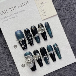 Handmade Cat Eye Press On Nails Long Coffin Fake Nails With 3D Dragon Lion Rhinestone Decor Gothic Luxury Artificial Nails