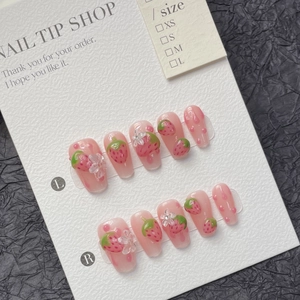 Uñas Postizas Press On Hechas a Mano Fresa Floral Con Diamantes De Imitación Corazón Cadena Jelly Pink Uñas De Acrílico Para Mujeres