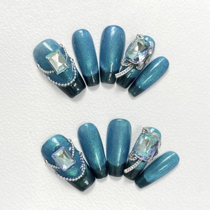 Handmade Blue Mineral Cat Eye Press On Nails Long Coffin Resin Nails With Rhinestone Butterfly Bow Embellishment For Women