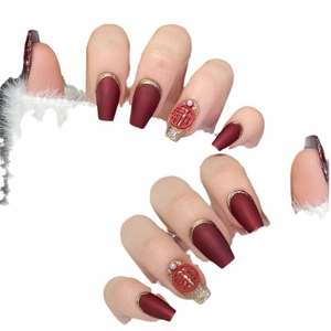 Deep red matte Chinese New Year press-on nails with gold trim and Fu character decor