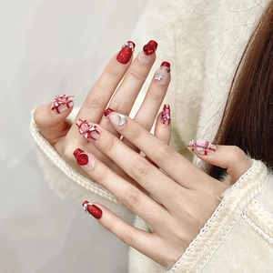 Handmade Press On Nails Luxury Red White Plaid 3D Bow Rhinestone Artificial Pearl Square Fake Nails For Women Party Christmas Jewelry