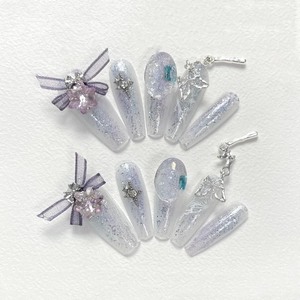 Unghie Finte 3D a Farfalla Fatte a Mano Lusso Sfumate Viola Rosa Strass Perla Artificial Unghie Artificiali Riutilizzabili Donna