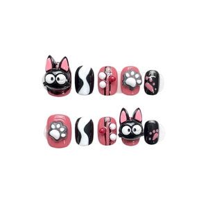 Handmade 3D press-on nails featuring cute black cat and paw designs in pink and black