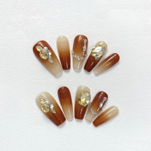 Handmade amber brown gradient long coffin press-on nails with sparkling rhinestones and pearls