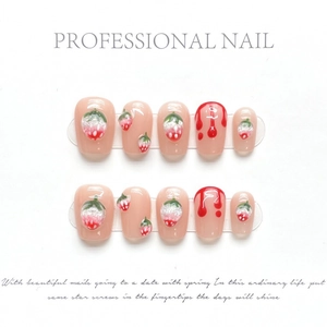 Handmade Sweet Strawberry 3D Press On Nails Pink Nude Base Cute Fruit Design Reusable Full Cover False Nails For Women