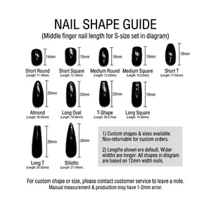 Size guide for handmade press-on nails showing 11 different shapes and length specifications