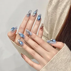 Handmade Long Coffin Press On Nails Blue Marble Texture With 3D Rhinestones Elegant Butterfly Pattern False Nails For Women