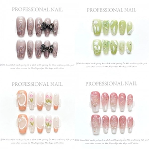 Handmade press-on nails featuring various floral and 3D bow designs in a four-grid layout