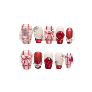 Handmade red and white plaid press-on nails with 3D bows and luxury crystal rhinestones