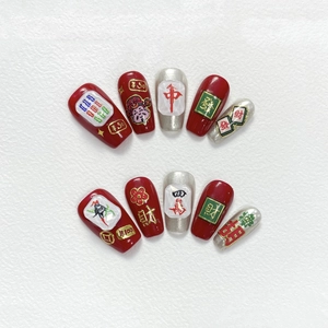 Handmade red and silver press-on nails featuring 3D Mahjong theme for Chinese New Year