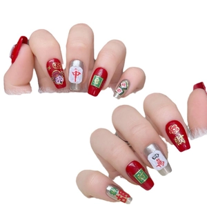 Festive Lunar New Year press-on nails with red and silver Mahjong themed designs