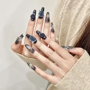 Handmade Deep Blue Starry Sky Press On Nails Coffin Shape Marble Pattern 3D Rhinestone Artificial Pearl Fake Nails Manicure Set