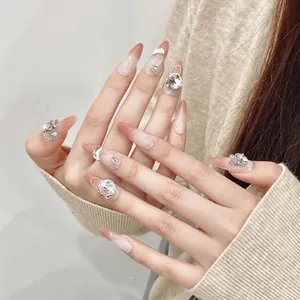 Handmade Long Almond Press On Nails Maillard Blush Brown Gradient Rhinestone Faux Artificial Pearl Decorative Fake Nails For Women