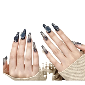 Blue marble coffin press-on nails with rhinestone, pearls and gold starry sky design