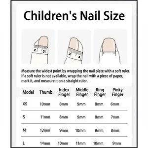 Size chart for children's cartoon press-on nails with measuring guide from XS to L