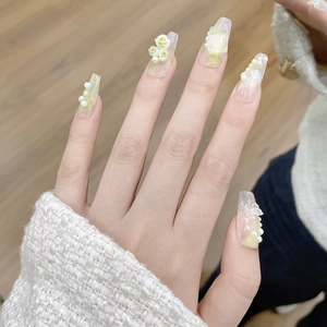 Handmade light green gradient press-on nails with 3D roses, pearls and bow accents