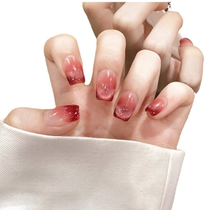 Elegant ruby red cat eye press-on nails with gradient glitter finish and square shape
