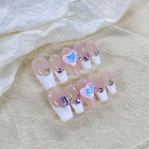 Handmade coffin french manicure press-on nails with sparkling rhinestones and 3D hearts