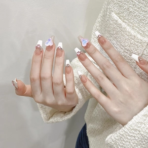 Handmade White French Coffin Press On Nails Rhinestone Heart Design Sweet Elegant False Nails Set For Women Jewelry