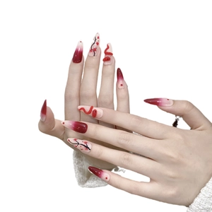 Handmade red gradient press-on nails with 3D red snake and plum blossom art