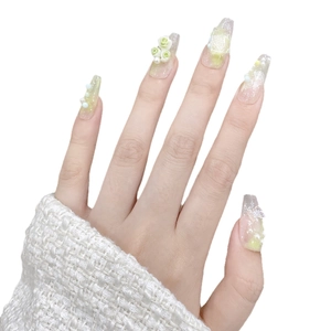 Handmade green gradient press-on nails with 3D white roses and pearl decorations