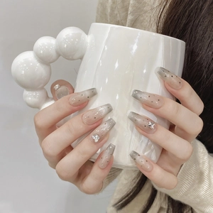 Handmade coffin press-on nails with grey gradient and silver 3D butterfly charms