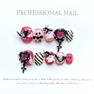 Unghie Finte Artigianali Gotico Cuore di Demone Rosa Nero Strisce Con Pendagli Croce Pipistrello Fiocco Manicure
