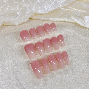 Handmade soft pink gradient coffin press-on nails with glossy jelly finish 15pcs set
