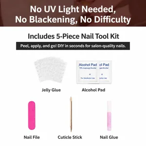 Five-piece nail application tool kit with glue, file, and rose cat-eye press-on nail prep set