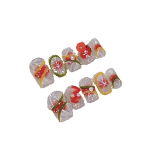 Handmade press-on nails with 3D lemon fruit slices and pearls on transparent base