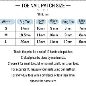 Size chart for handmade glitter press-on toenails showing S, M, L measurements in mm