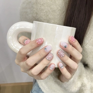 Handmade Press-on Nails 3D Grapefruit Lemon Fruit Relief Pink White Glossy Fruit Slice Design For Women Daily Party Manicure