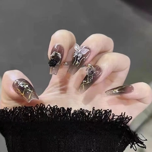 Handmade brown gradient press-on nails with 3D silver butterflies and black rose art
