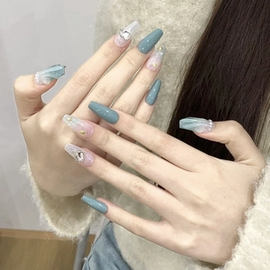 Handmade Ocean Theme Press On Nails Heart Rhinestone Artificial Pearl Gold Sea Star Decor Dusty Blue Pink Gradient Medium Coffin Fake Nails
