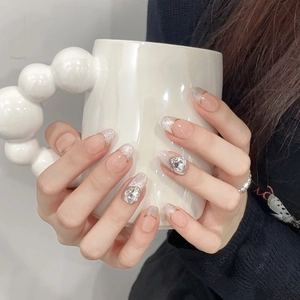 Handmade Press On Nails Nude Pink Cat Eye Style With Heart Rhinestone Silver Glitter French Tip Reusable Artificial Nails