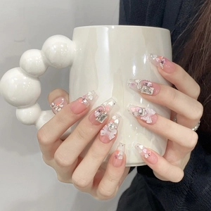 Handmade Press On Nails Pink Coffin Shape Butterfly Heart 3D Bow Artificial Pearl Rhinestone Blush Cat Eye Nails For Women