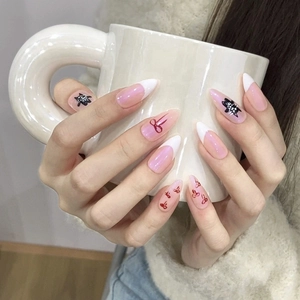 Handmade Press On Nails Almond Shape French Pink Pearlescent With Red Bow Black Cat Pattern For Women Korean Ins Style
