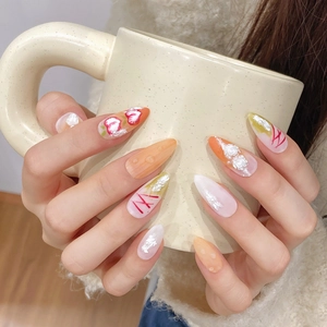 Handmade almond press-on nails with 3D white rose relief and strawberry art patterns