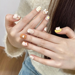 Handmade 3D Cute Pig Bow Fried Egg Design Press On Nails Sweet Style Glossy Fake Nails For Women Daily Wear Jewelry