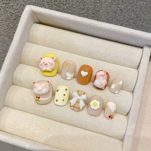 Handmade toast pig press-on nail set with 3D cute pig and bow heart charms