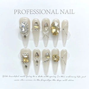 Handmade Luxury Champagne Gold Press-On Nails With Rhinestones Long Stiletto Fake Nails For Women Party Wedding Jewelry