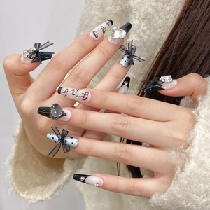 Handmade Long Coffin Press On Nails Black French Tip With Bow Heart Rhinestone Sweet Cool Fake Nails For Women