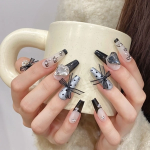 Handmade black French press-on nails with 3D bows and heart crystal rhinestones