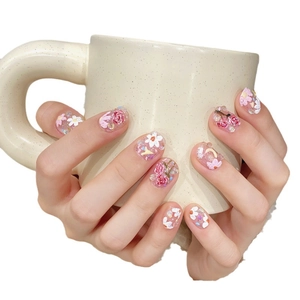 Handmade 3D flower press-on nails with pink roses, white daisies and glitter accents