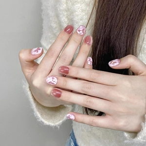 Handmade Short Squoval Press On Nails Pink Purple Cat Eye Butterfly Pattern Sweet Decorative Fake Nail Tips For Women Daily Dating