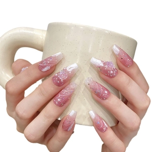 Pink and white gradient long coffin nails with 3D white roses, pearls and silver glitter