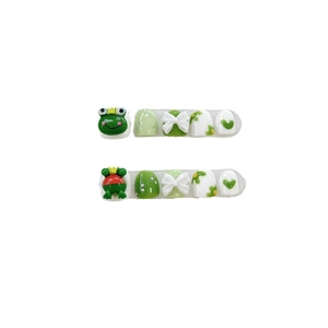 Kids green cartoon press-on nails set with 3D frogs, bows and daisies designs