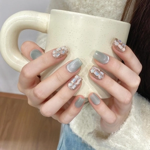 Cat eye grey-green handmade press-on nails with glitter accents on square round shape