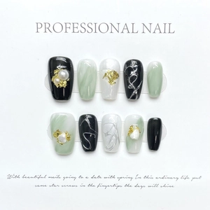 Handmade Emerald Green Marble Press On Nails Elegant Shell Artificial Pearl Gold Foil Design Luxury Fashion Nail Tips For Women